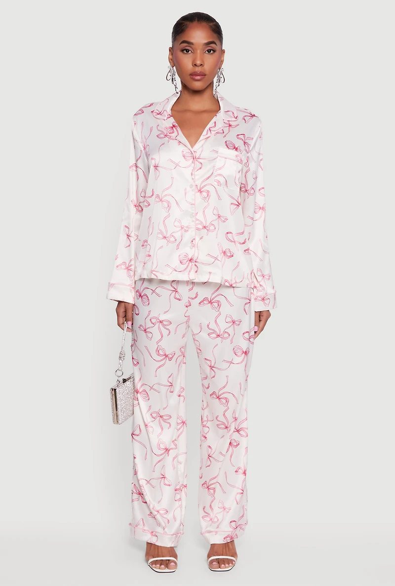 Satin Bow Print Long Sleeve Button Front Shirt