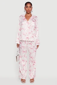 Satin Bow Print Long Sleeve Button Front Shirt