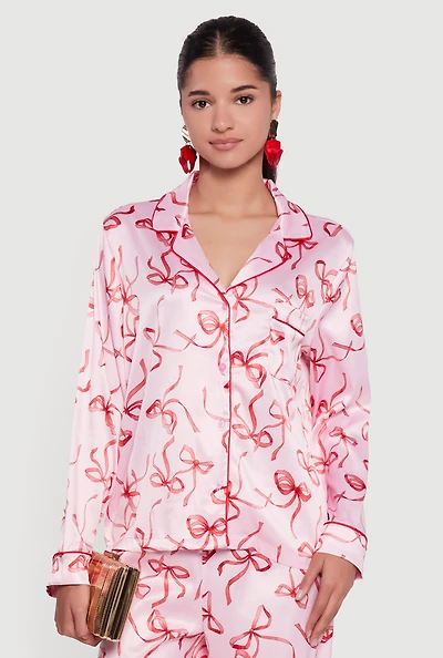 Satin Bow Print Long Sleeve Button Front Shirt