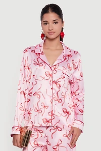 Satin Bow Print Long Sleeve Button Front Shirt