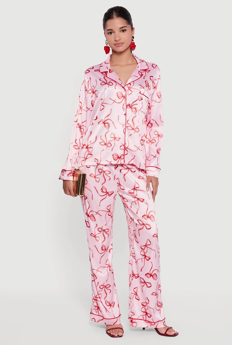 Satin Bow Print Long Sleeve Button Front Shirt