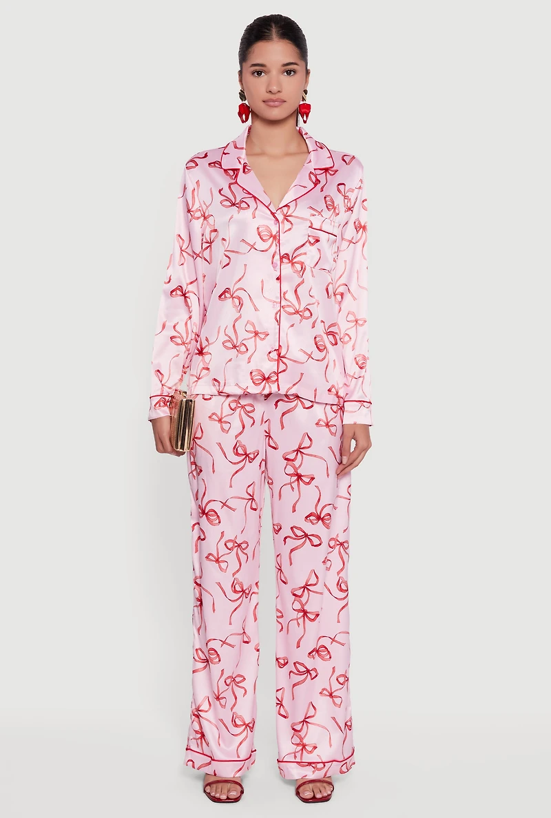 Satin Bow Print Long Sleeve Button Front Shirt