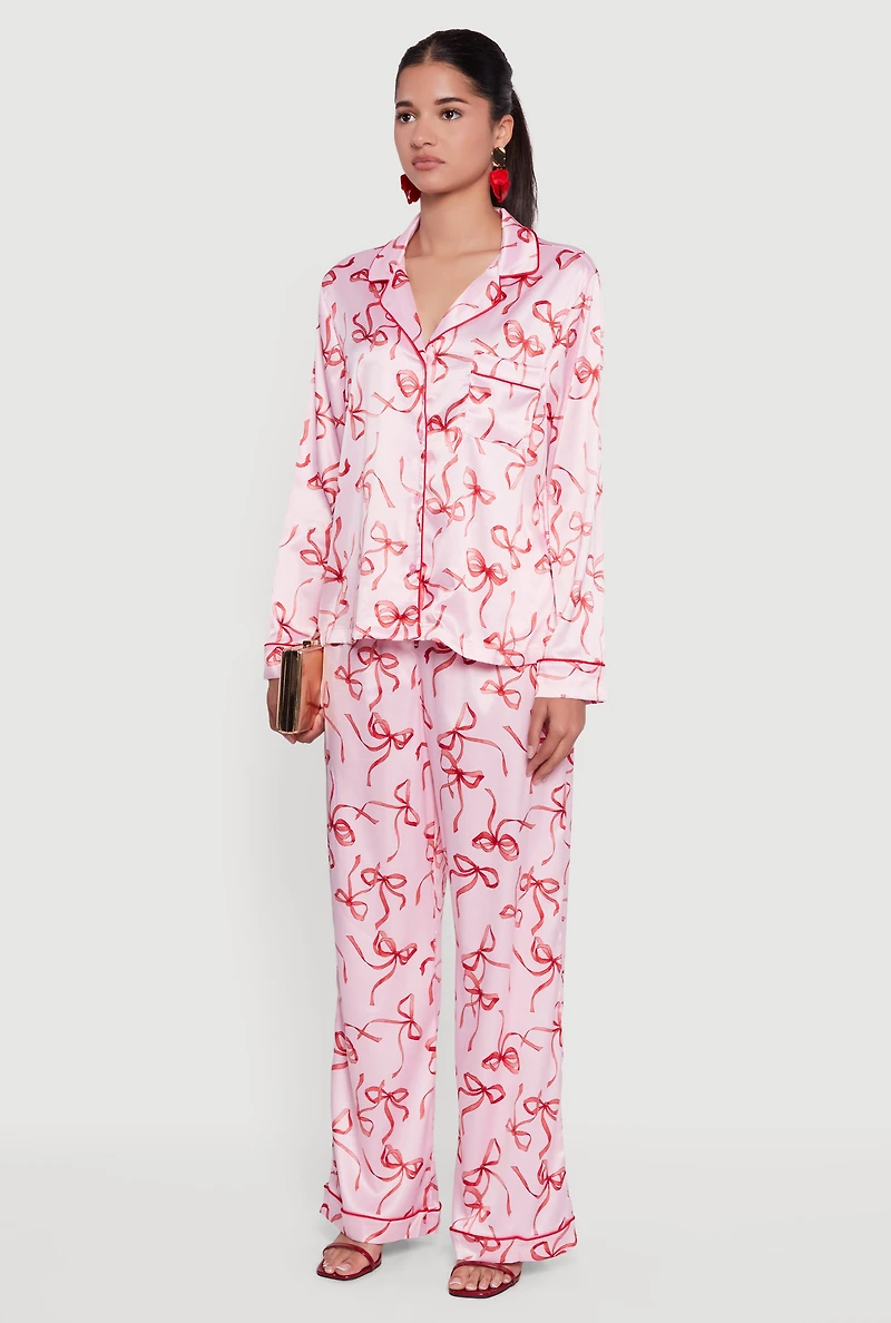 Satin Bow Print Long Sleeve Button Front Shirt