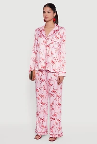 Satin Bow Print Long Sleeve Button Front Shirt