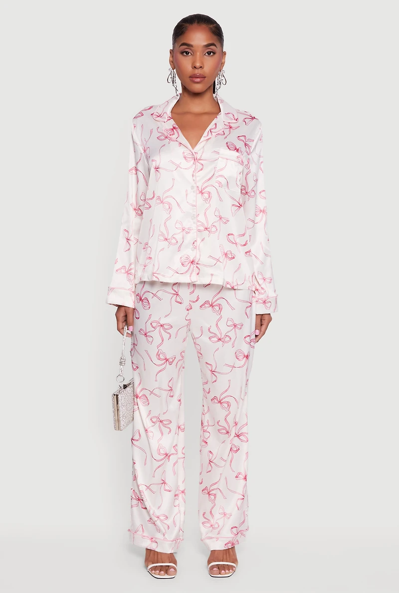 Womens Satin Bow Print Pants, White, Size M