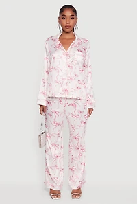 Womens Satin Bow Print Pants, White, Size M