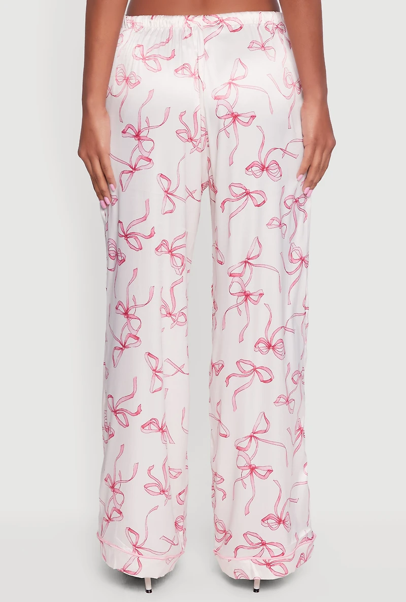 Womens Satin Bow Print Pants, White, Size M