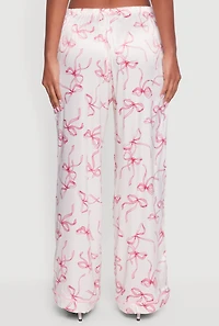 Womens Satin Bow Print Pants, White, Size M