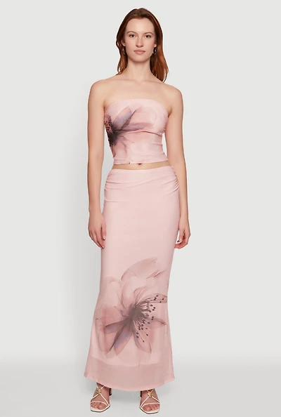 Flower Print Mesh Maxi Skirt