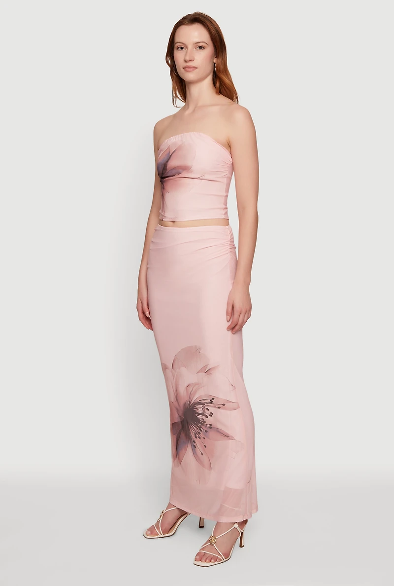 Flower Print Mesh Maxi Skirt