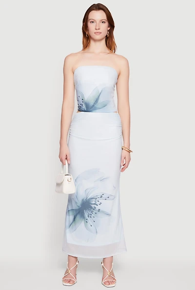 Flower Print Mesh Maxi Skirt