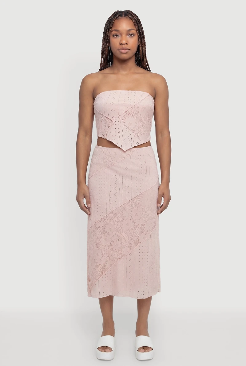Pointelle Knit Lace Patchwork Crop Tube Top