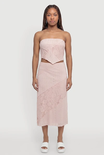 Pointelle Knit Lace Patchwork Midi Skirt