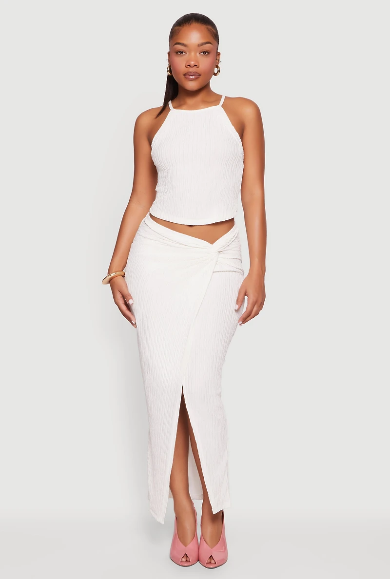Textured Knit Twist Front Asymmetrical Slit Skirt