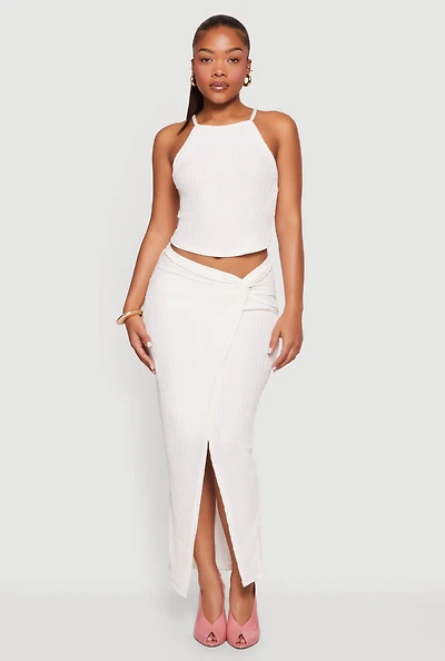 Textured Knit Twist Front Asymmetrical Slit Skirt