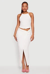 Textured Knit Twist Front Asymmetrical Slit Skirt