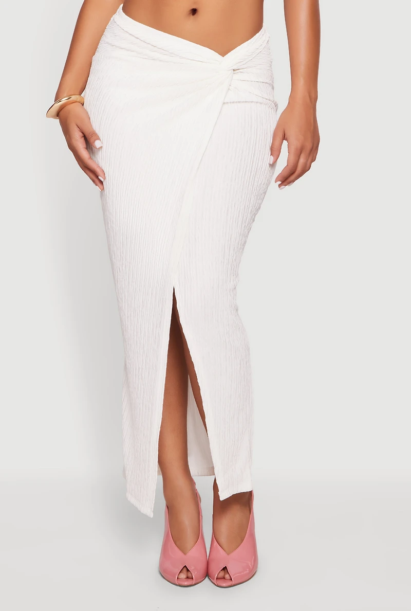 Textured Knit Twist Front Asymmetrical Slit Skirt