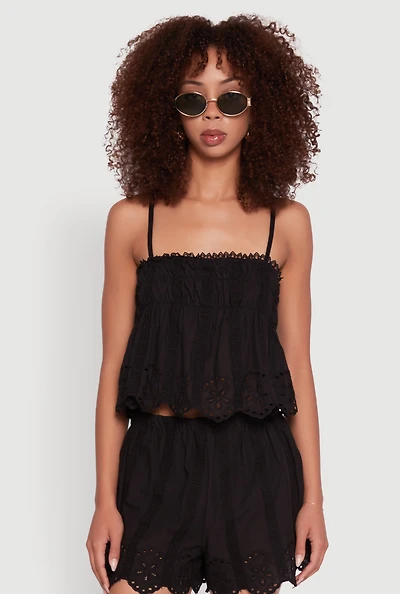 Womens Haute Monde Eyelet Scallop Trim Cropped Cami,