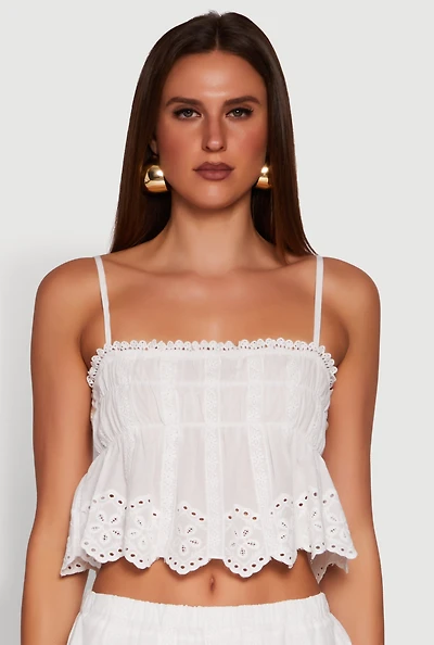 Womens Haute Monde Eyelet Scallop Trim Cropped Cami, White, Size S