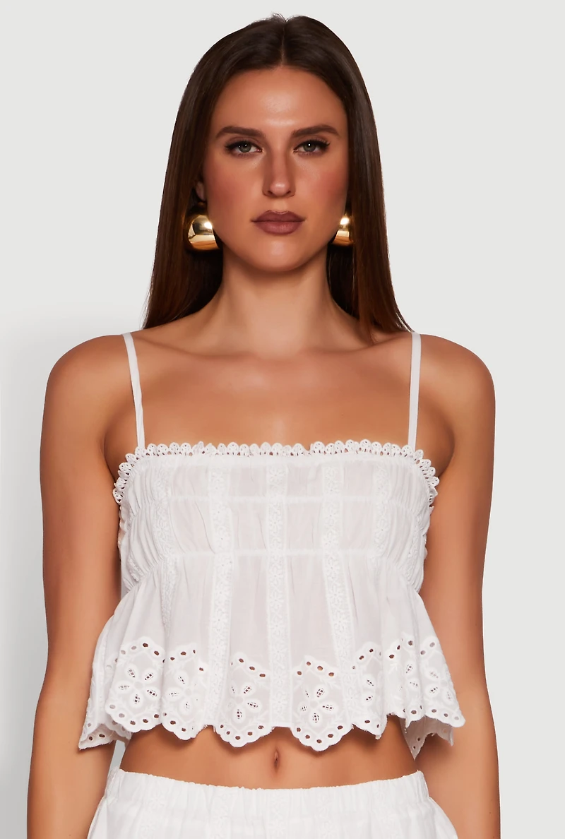 Womens Haute Monde Eyelet Scallop Trim Cropped Cami, White, Size M