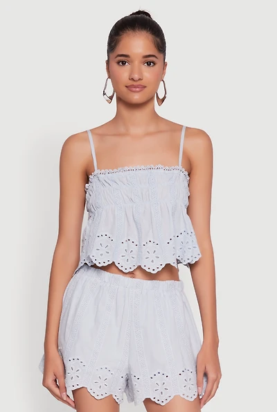 Womens Haute Monde Eyelet Scallop Trim Cropped Cami, Blue, Size L