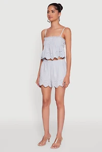 Womens Haute Monde Eyelet Scallop Trim Cropped Cami, Blue, Size L