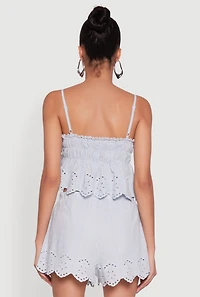 Womens Haute Monde Eyelet Scallop Trim Cropped Cami, Blue, Size L