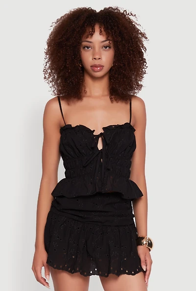 Womens Haute Monde Eyelet Tie Front Keyhole Peplum Crop Top,