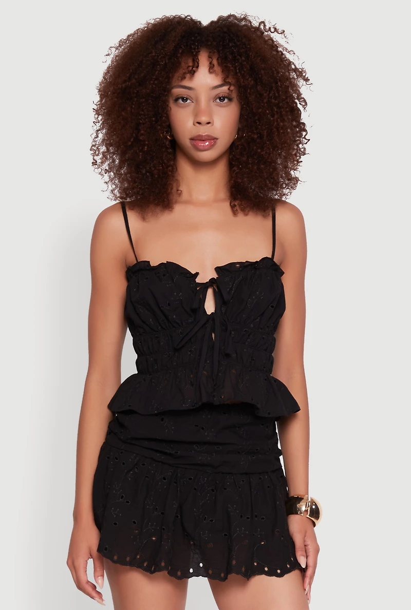 Womens Haute Monde Eyelet Tie Front Keyhole Peplum Crop Top, Black, Size S