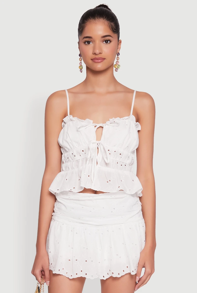 Womens Haute Monde Eyelet Tie Front Keyhole Peplum Crop Top, White, Size S