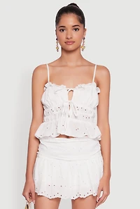 Womens Haute Monde Eyelet Tie Front Keyhole Peplum Crop Top, White, Size S