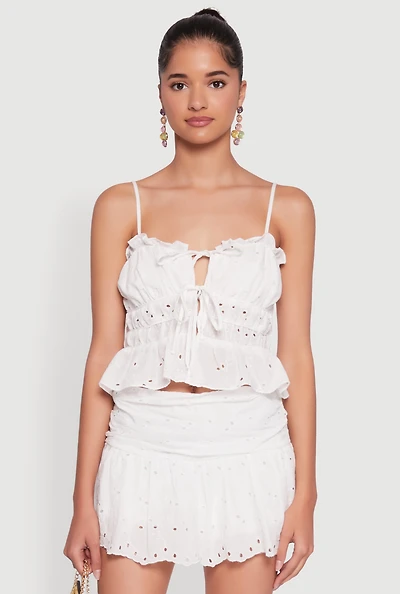 Womens Haute Monde Eyelet Tie Front Keyhole Peplum Crop Top, White, Size M