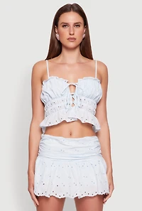 Womens Haute Monde Eyelet Tie Front Keyhole Peplum Crop Top, Blue, Size S
