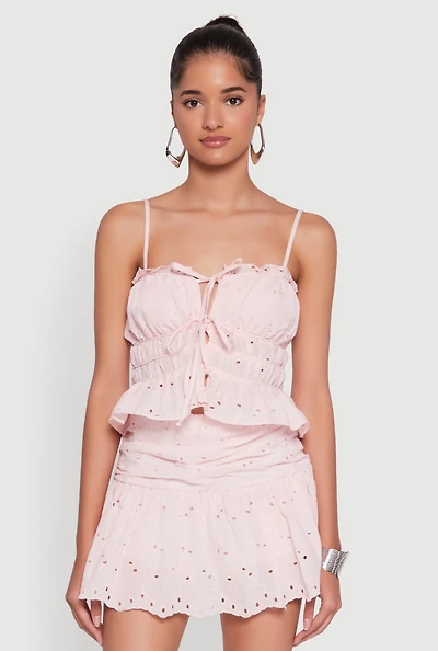Womens Haute Monde Eyelet Tie Front Keyhole Peplum Crop Top,