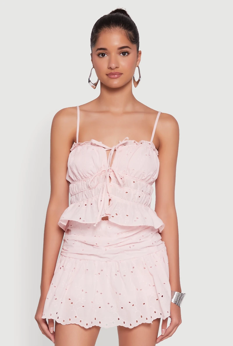 Haute Monde Eyelet Tie Front Keyhole Peplum Crop Top