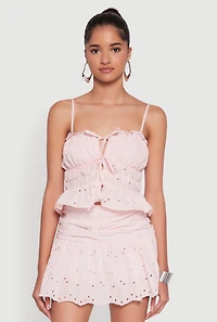Haute Monde Eyelet Tie Front Keyhole Peplum Crop Top