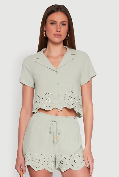 Womens Haute Monde Eyelet Detail Cropped Shirt, Green, Size S