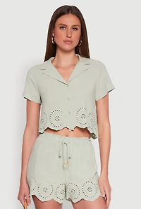Womens Haute Monde Eyelet Detail Cropped Shirt, Green, Size S