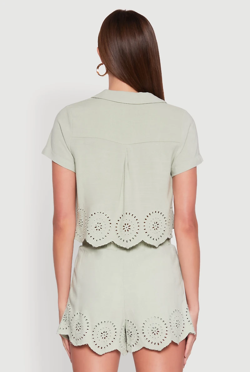 Womens Haute Monde Eyelet Detail Cropped Shirt, Green, Size S