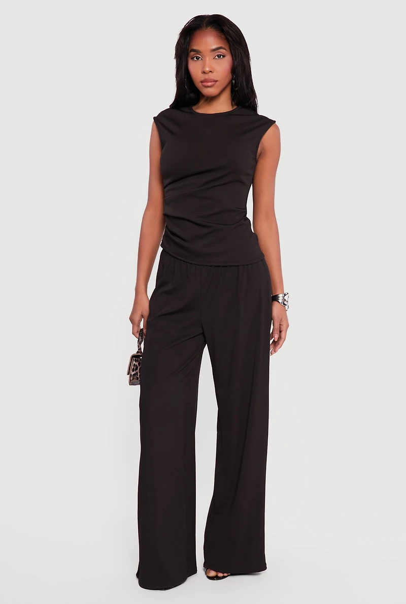 Rib Knit Ruched Sleeveless High Neck Top