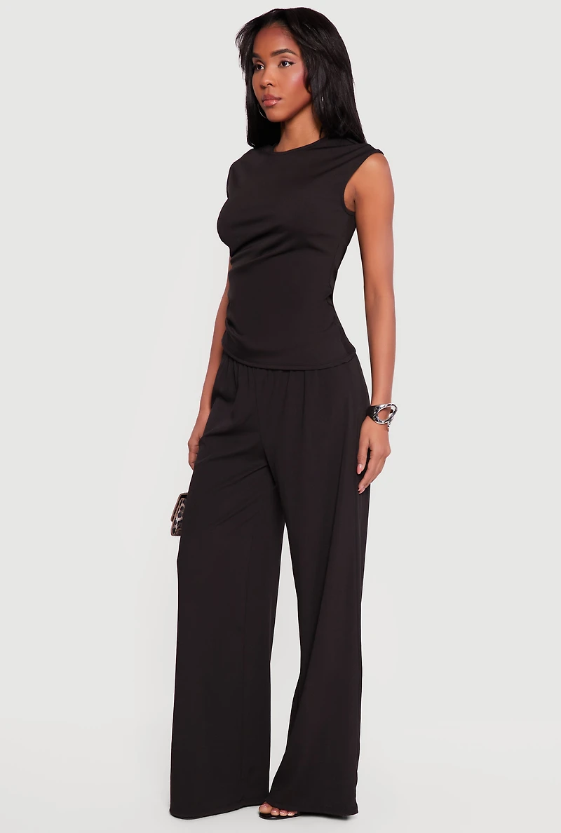 Rib Knit Ruched Sleeveless High Neck Top