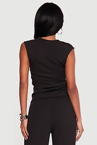 Rib Knit Ruched Sleeveless High Neck Top