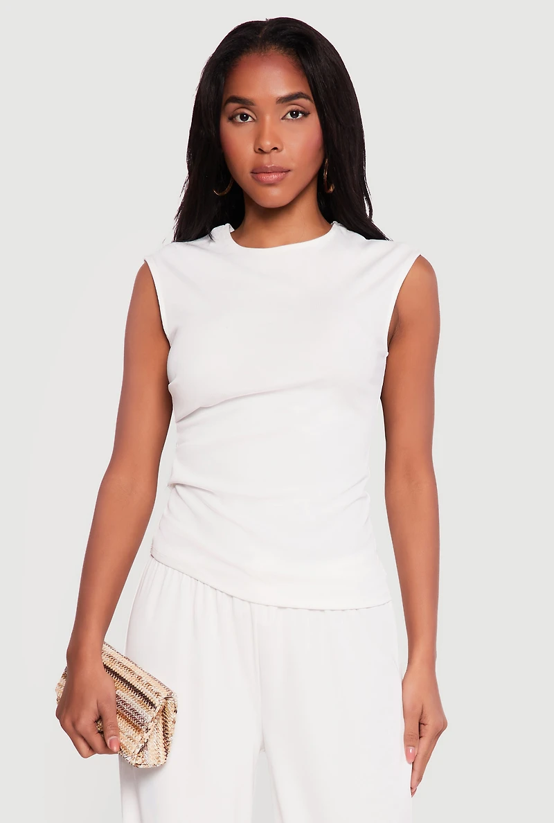 Rib Knit Ruched Sleeveless High Neck Top