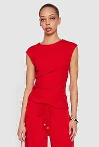Rib Knit Ruched Sleeveless High Neck Top