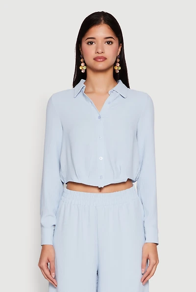 Womens Haute Monde Pleated Cropped Shirt, Blue, Size L