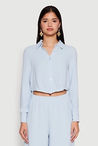 Womens Haute Monde Pleated Cropped Shirt, Blue, Size L