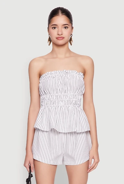 Womens Haute Monde Smocked Pinstripe Peplum Top, White, Size M