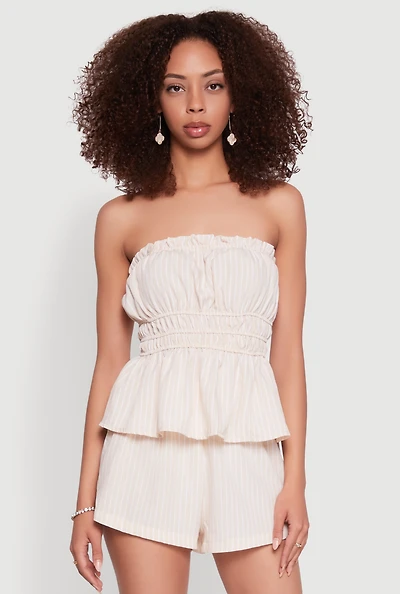 Womens Haute Monde Smocked Pinstripe Peplum Top, L