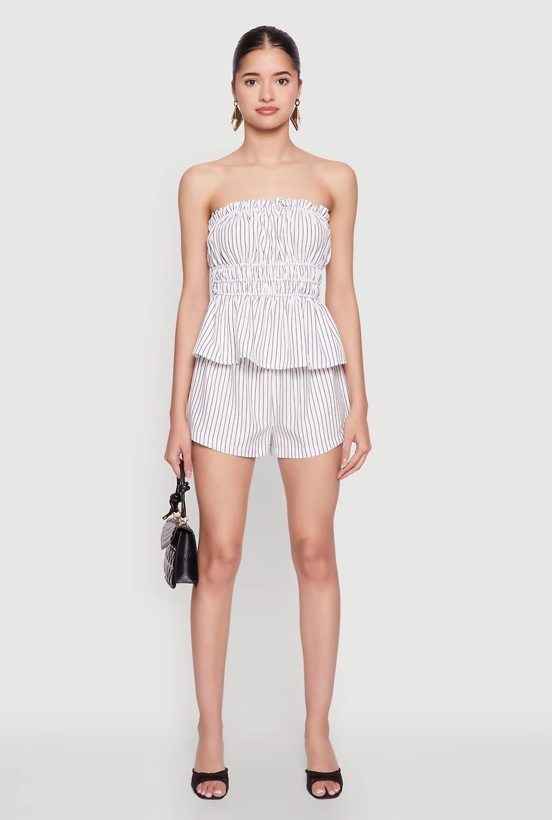 Womens Haute Monde Pinstripe Paper Bag Waist Shorts, White, Size L