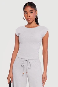 Brushed Ribbed Knit Ruched Cap Sleeve Top